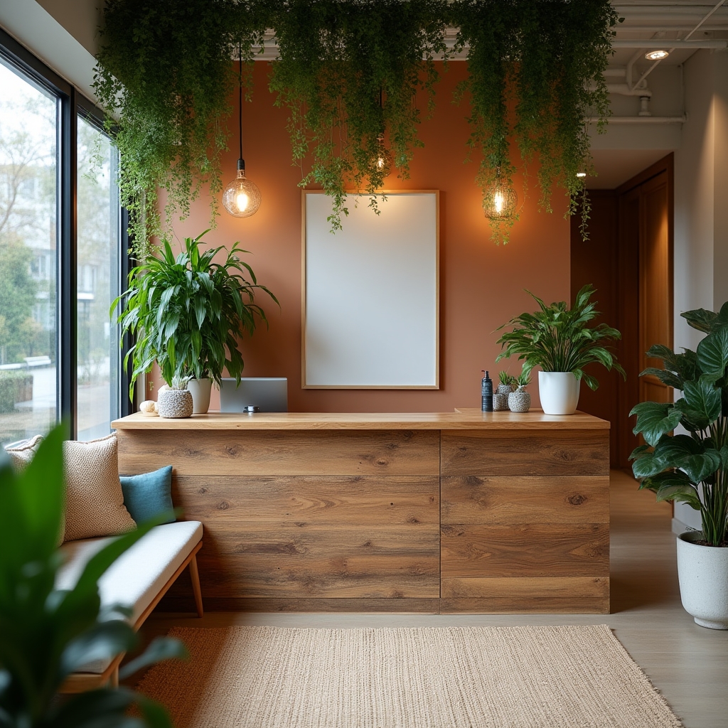 Entrance to a small consultancy office with plants and a wooden reception desk
