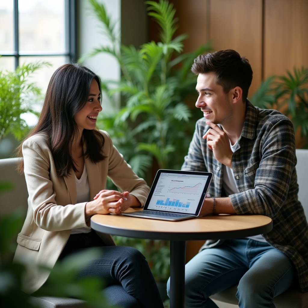 Consultant and client discussing a dashboard redesign on a tablet at a small meeting table