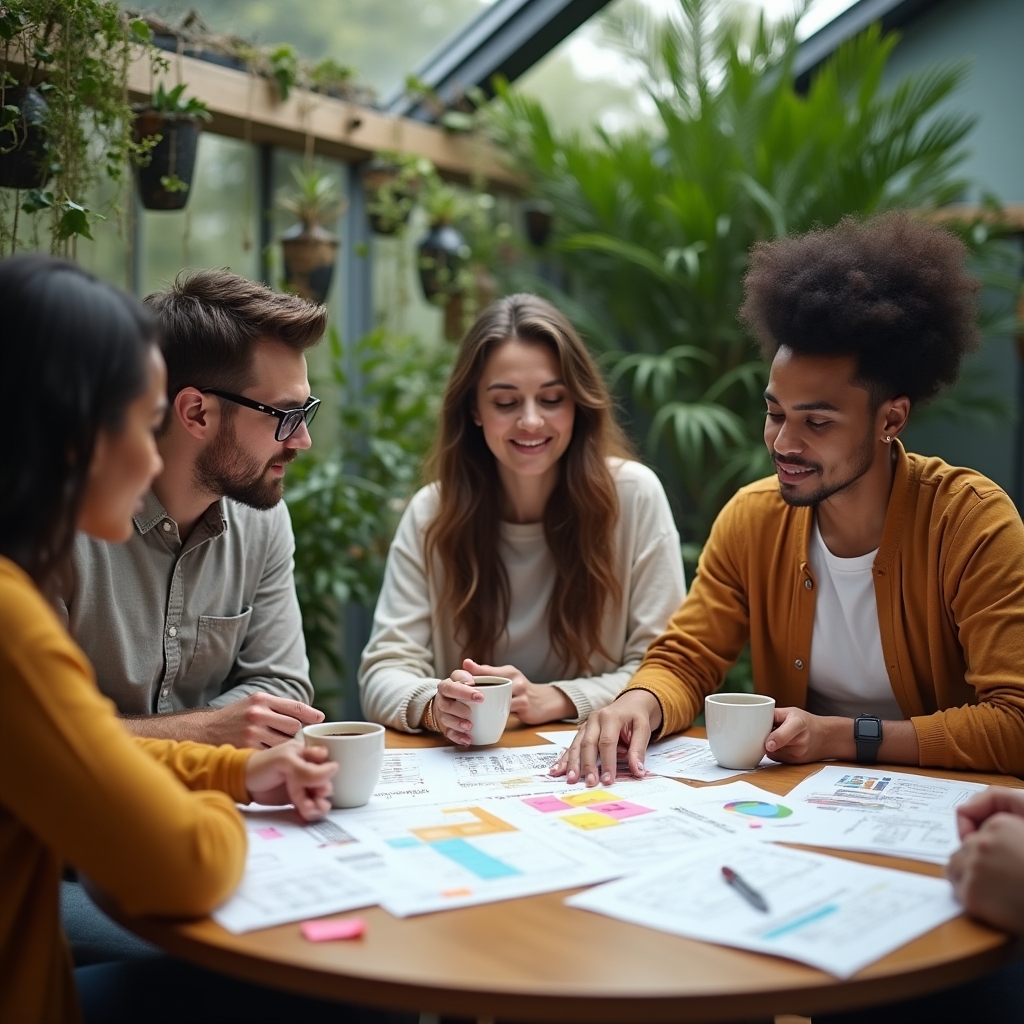 Team reviewing a printed report layout together around a table with sticky notes
