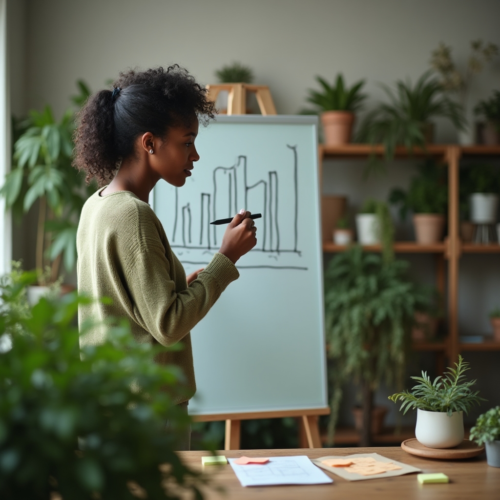 Consultant sketching a simplified chart layout on a whiteboard during a redesign session