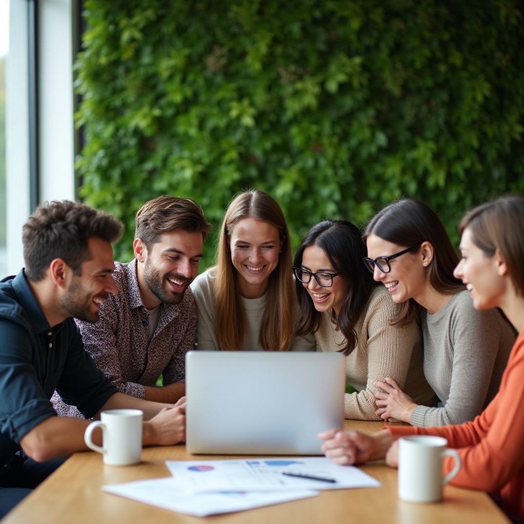 Cross-functional team huddled around a laptop discussing a report during a working session